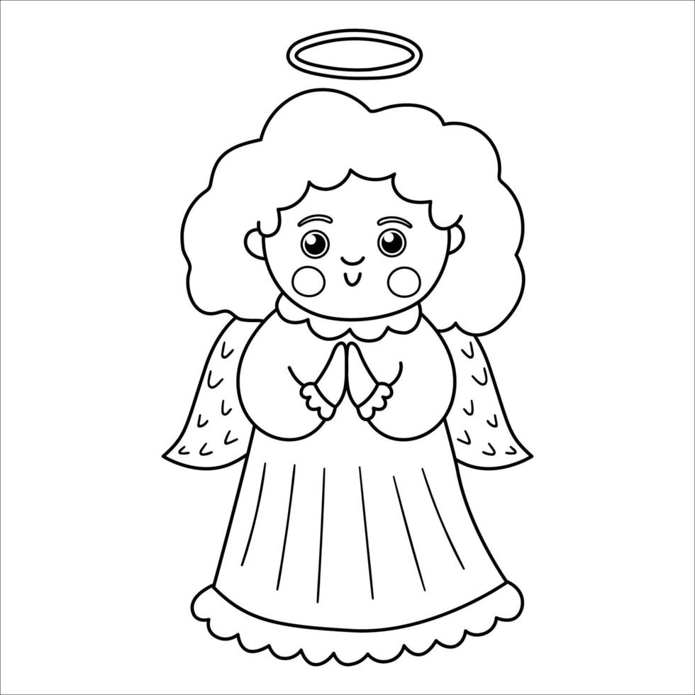 Vector black and white Angel with curly hair and halo. Cute winter saint character line illustration or coloring page. Funny outline icon for Christmas, New Year or winter design