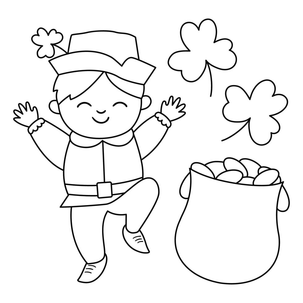 Vector black and white funny boy in traditional clothes and hat with shamrock and pot with gold. Cute outline Saint Patrick Day illustration. National Irish holiday line coloring page