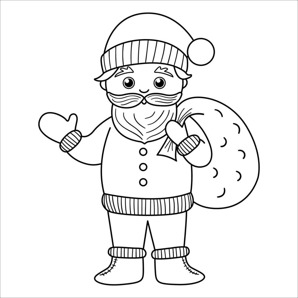 vector blanco y negro santa claus agitando su mano con saco. lindo icono de escarcha de padre de invierno o página para colorear. ilustración de personaje de esquema divertido para navidad, año nuevo o diseño de invierno