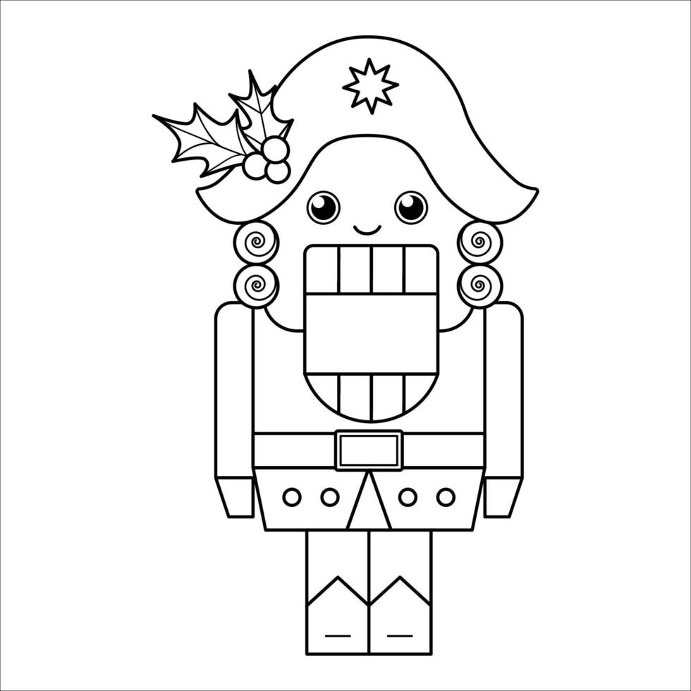 Vector black and white Nutcracker with holly on his hat. Cute winter fairytale line illustration or coloring page. Funny outline character icon for Christmas, New Year or winter design