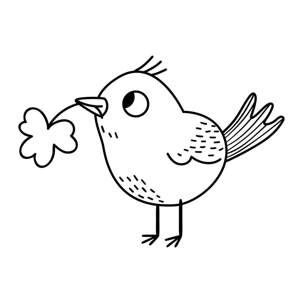 Pájaro divertido vectorial en blanco y negro con trébol en pico. linda ilustración del esquema del día de san patricio. icono de la línea nacional de vacaciones irlandesa o página de coloreado aislado en fondo blanco. vector