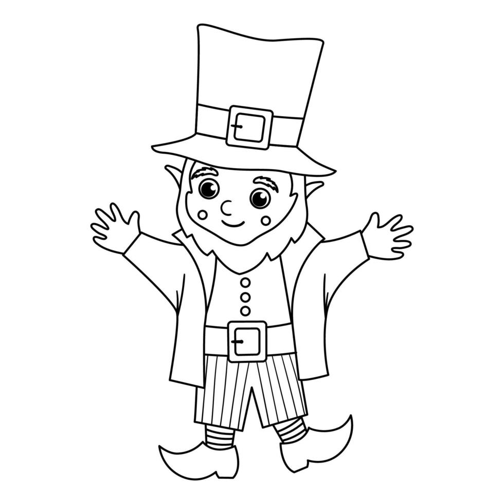 Vector black and white funny leprechaun in traditional clothes and hat. Cute Saint Patrick Day illustration. National Irish holiday line icon or coloring page isolated on white background.