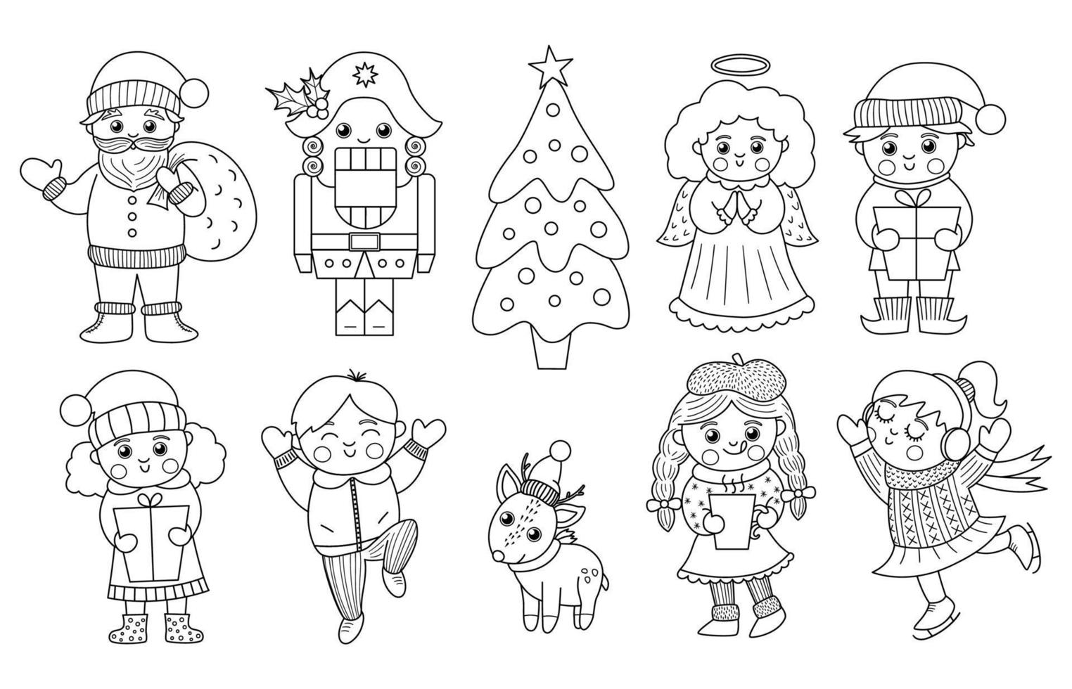 Vector set of black and white Christmas characters. Cute winter Santa Claus with sack, Angel, Elf, Nutcracker illustration or coloring page. Funny outline New Year or winter icon pack