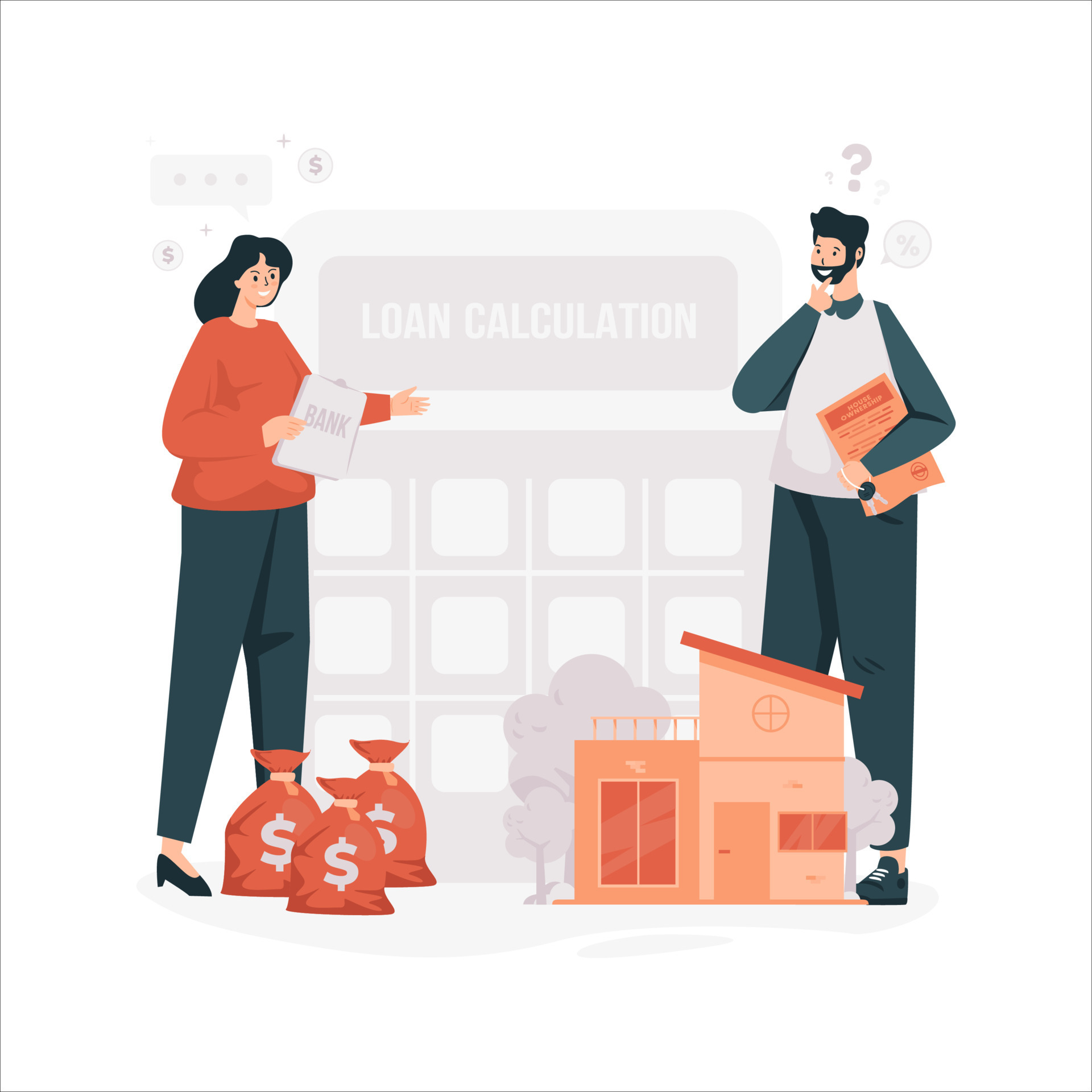 Flat design calculating bank loan with mortgage guarantee concept