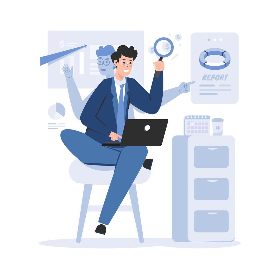 Financial analyst multitasking flat illustration vector