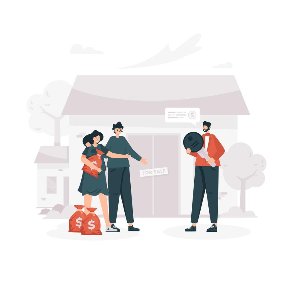 Happy couple agrees to buy house at realtor concept vector