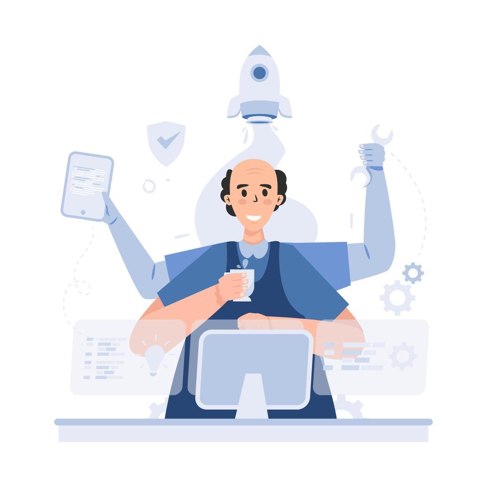 Software developer multitasking flat illustration vector