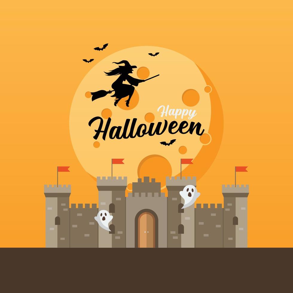 Castle with witch flying over the moon vector
