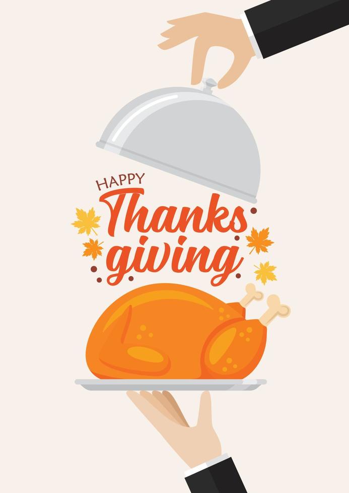 Waiter serving a turkey with Happy Thanksgiving lettering vector