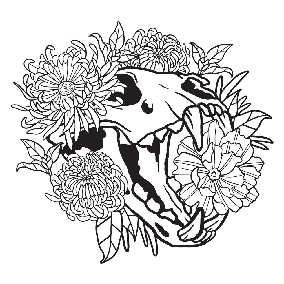 Floral Crysanthemum Flower Cat Skull Coloring Page vector