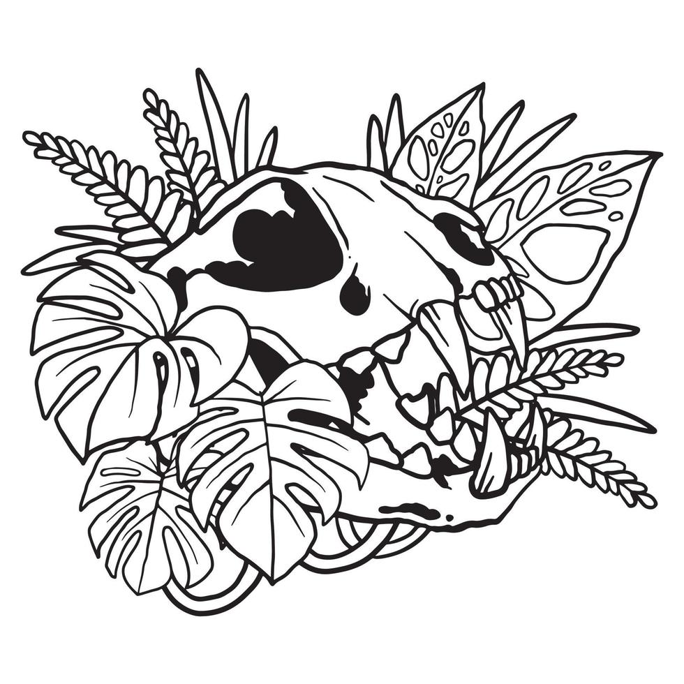 Floral Aroid Plant Cat Skull Illustration Coloring Page vector