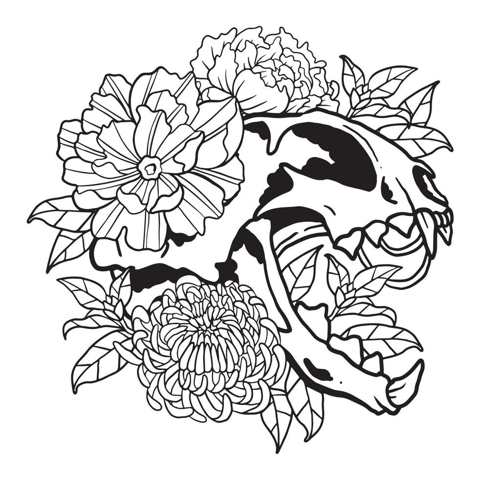 Floral Crysanthemum Flower Cat Skull Coloring Page vector