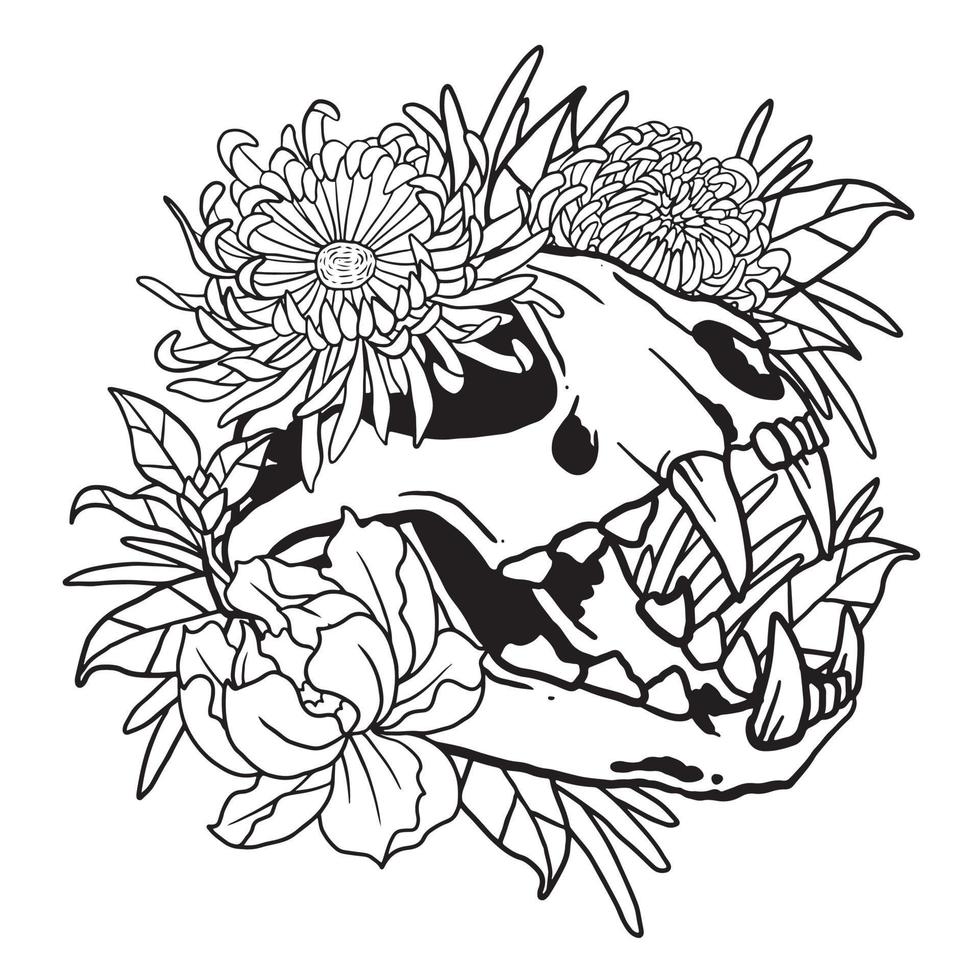 Floral Crysanthemum Flower Cat Skull Coloring Page vector