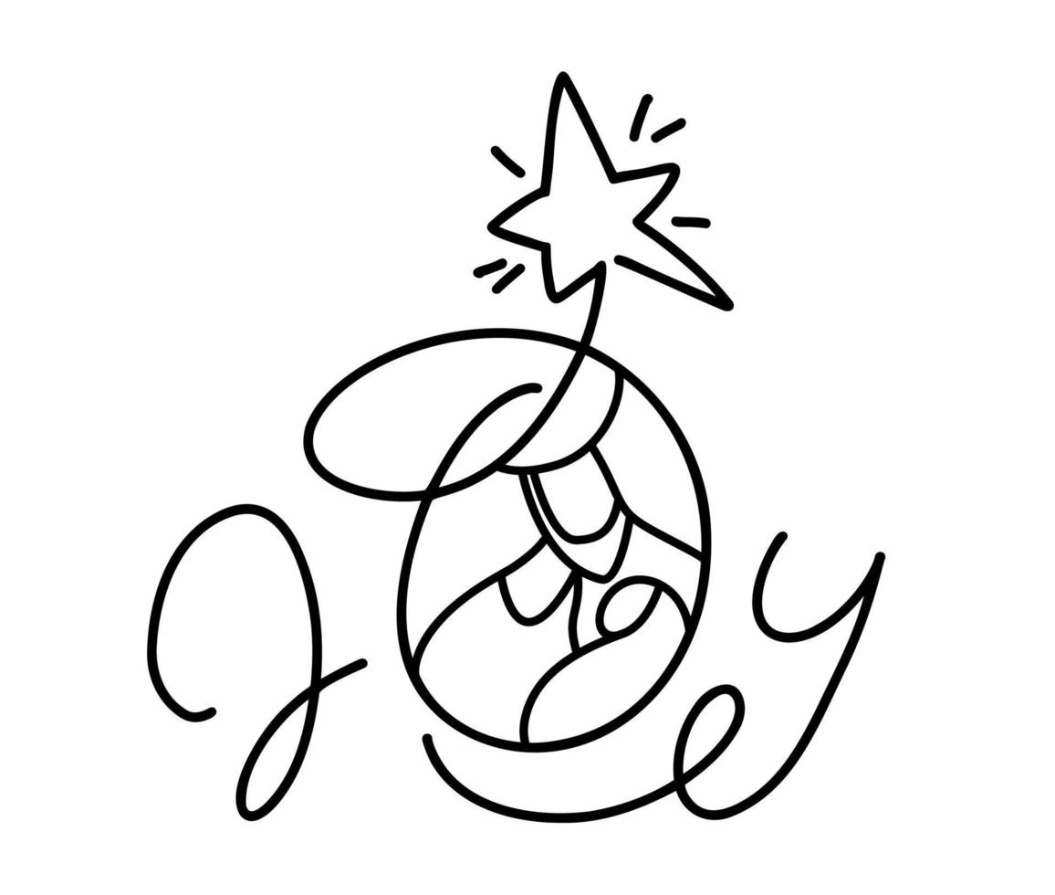 Joy monoline calligraphy text and Christmas Vector religious Nativity Scene of baby Jesus with Joseph and star. Minimalist art line drawing, print for clothes and logo design