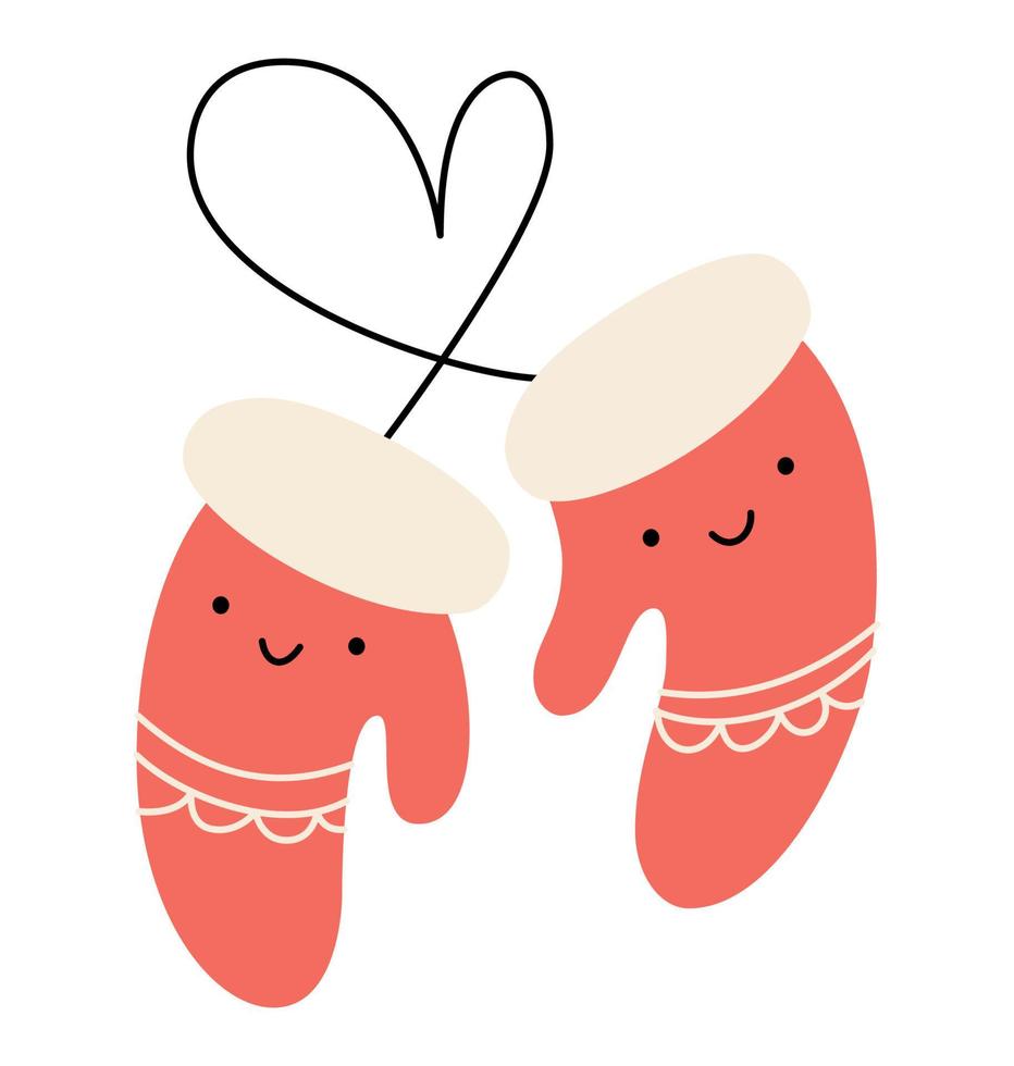 ilustración vectorial Un par de guantes rojos sonrientes felices de punto cálido diseño. un par de lindos elementos estampados para el diseño de invierno. comodidad y concepto cálido. garabatear estilo minimalista vector