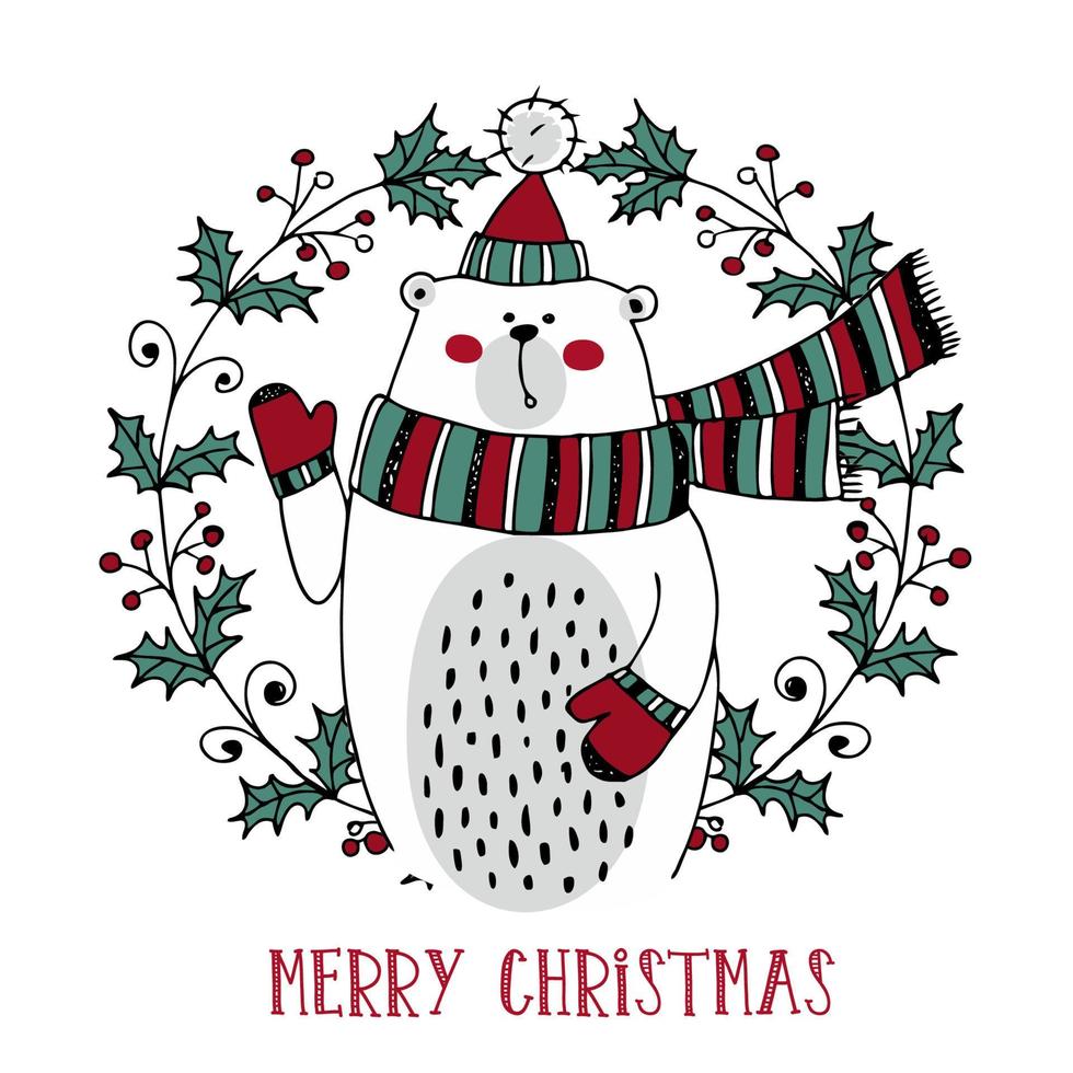 Merry Christmas greeting card. Cute white bear in a scarf in winter. Doodle style. Vector. vector