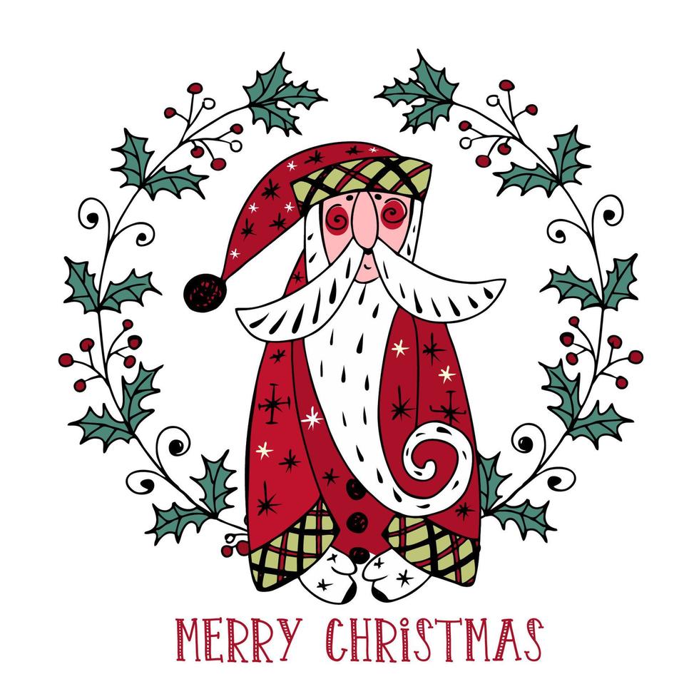 Christmas card with Santa Claus in a Christmas wreath. Doodle style. Vector. vector