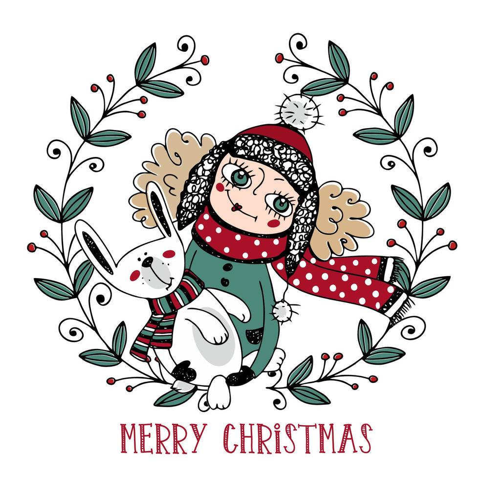 Merry Christmas greeting card. Cute girl with a hat with a toy rabbit in winter. Doodle style. Vector. vector