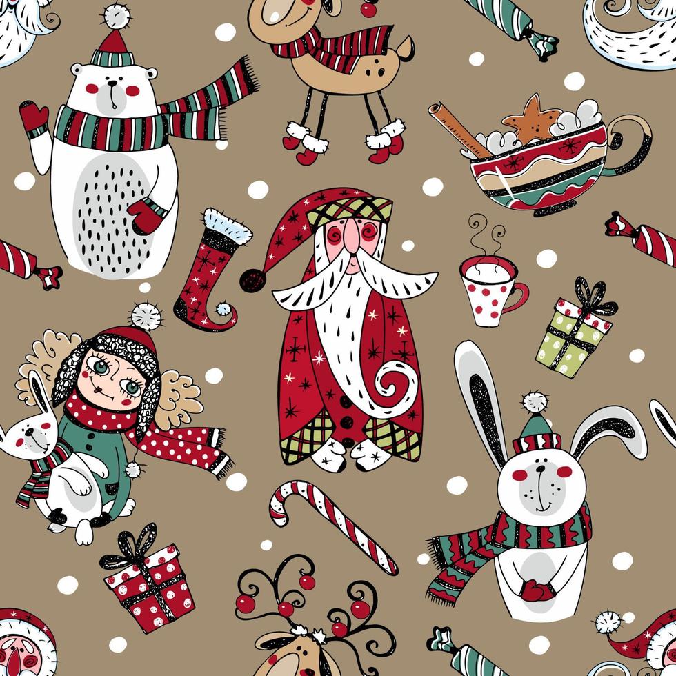 Christmas winter seamless pattern with Santa Claus and winter animals. Doodle style. Vector. vector