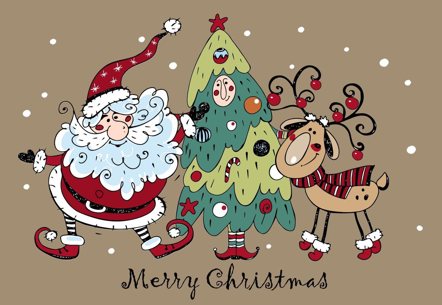 Merry Christmas greeting card. Santa Claus with a Christmas tree and a cheerful deer. Doodle style. Vector. vector