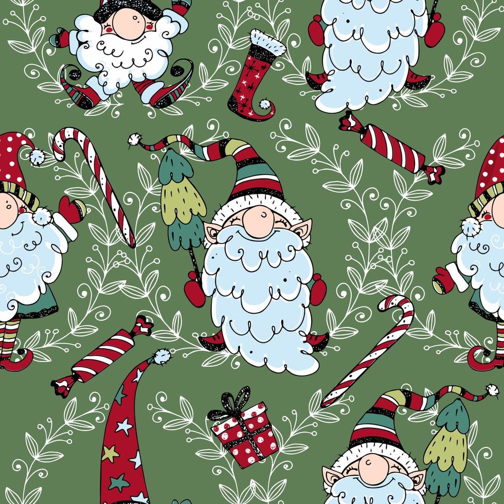 Christmas seamless pattern with cute Nordic gnomes. Doodle style. Vector. vector