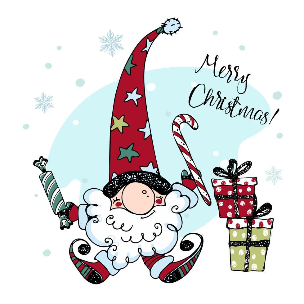 Christmas card with cute Nordic gnome with gifts.  Doodle style. vector