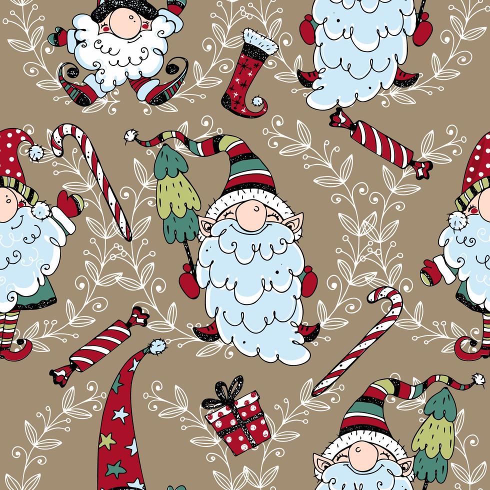 Christmas seamless pattern with cute Nordic gnomes. Doodle style. Vector. vector
