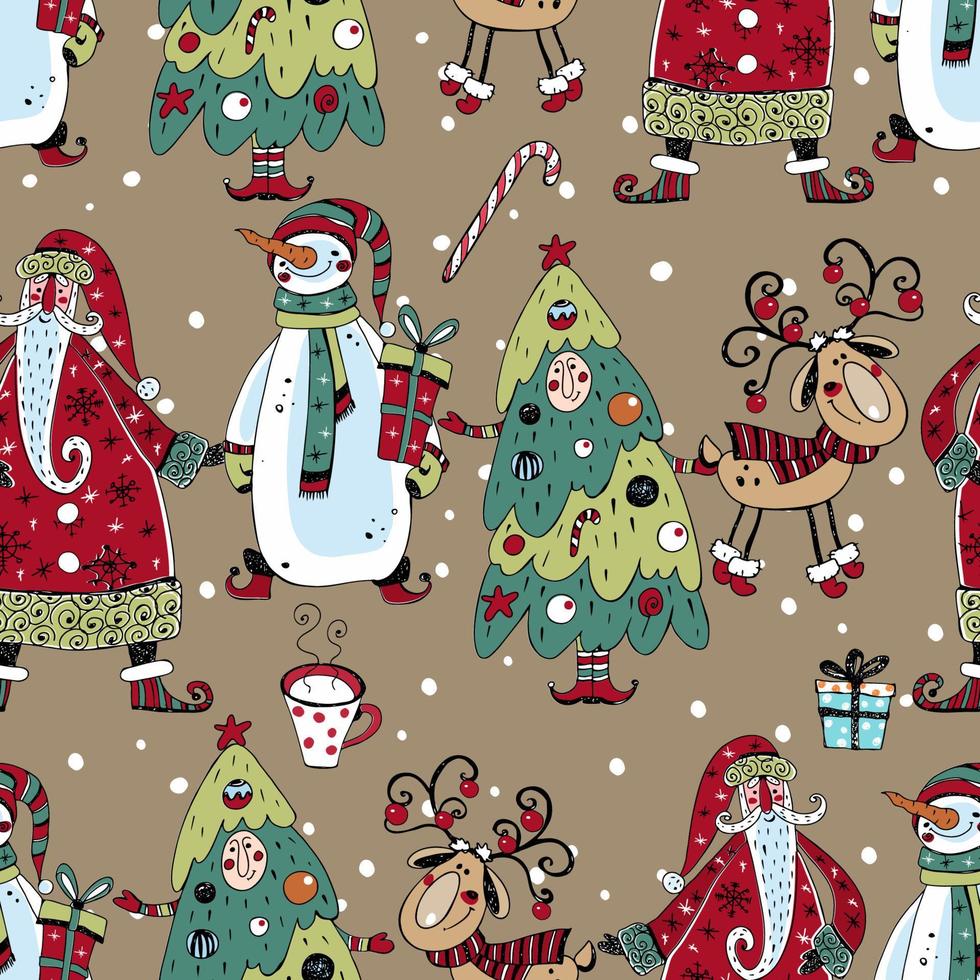 Christmas seamless pattern with Santa Claus, snowman and Christmas tree. Doodle style. Vector. vector