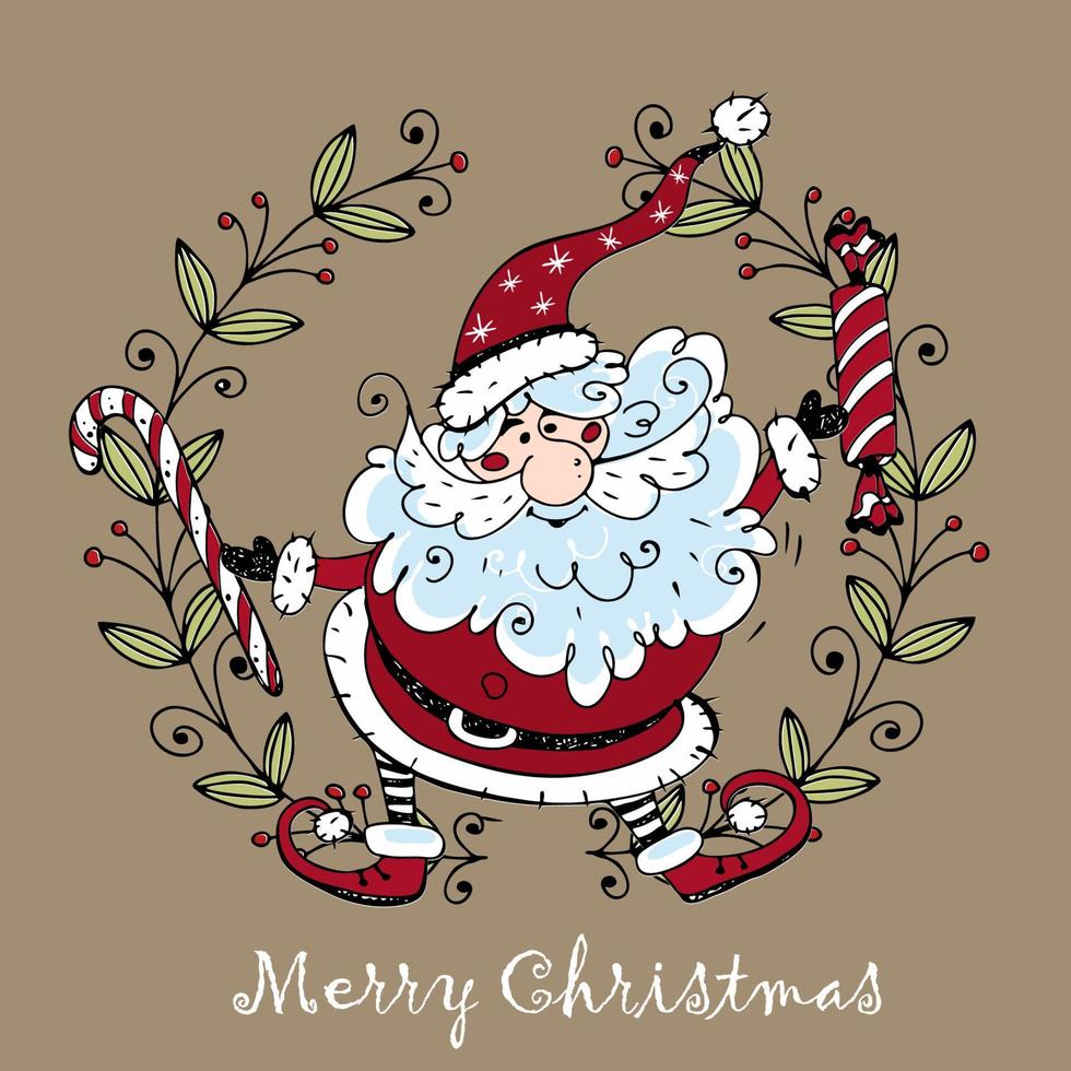 Merry Christmas greeting card. Merry Santa laus with Christmas sweets doodle style. Vector. vector