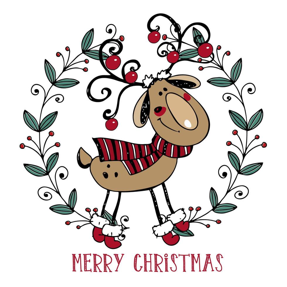A Christmas card with a cute winter deer. doodle style. Vector. vector