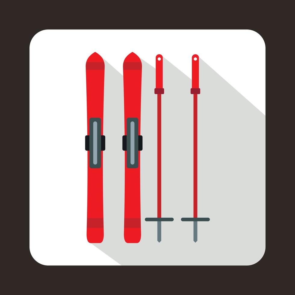 icono rojo de esquís y bastones de esquí, estilo plano vector