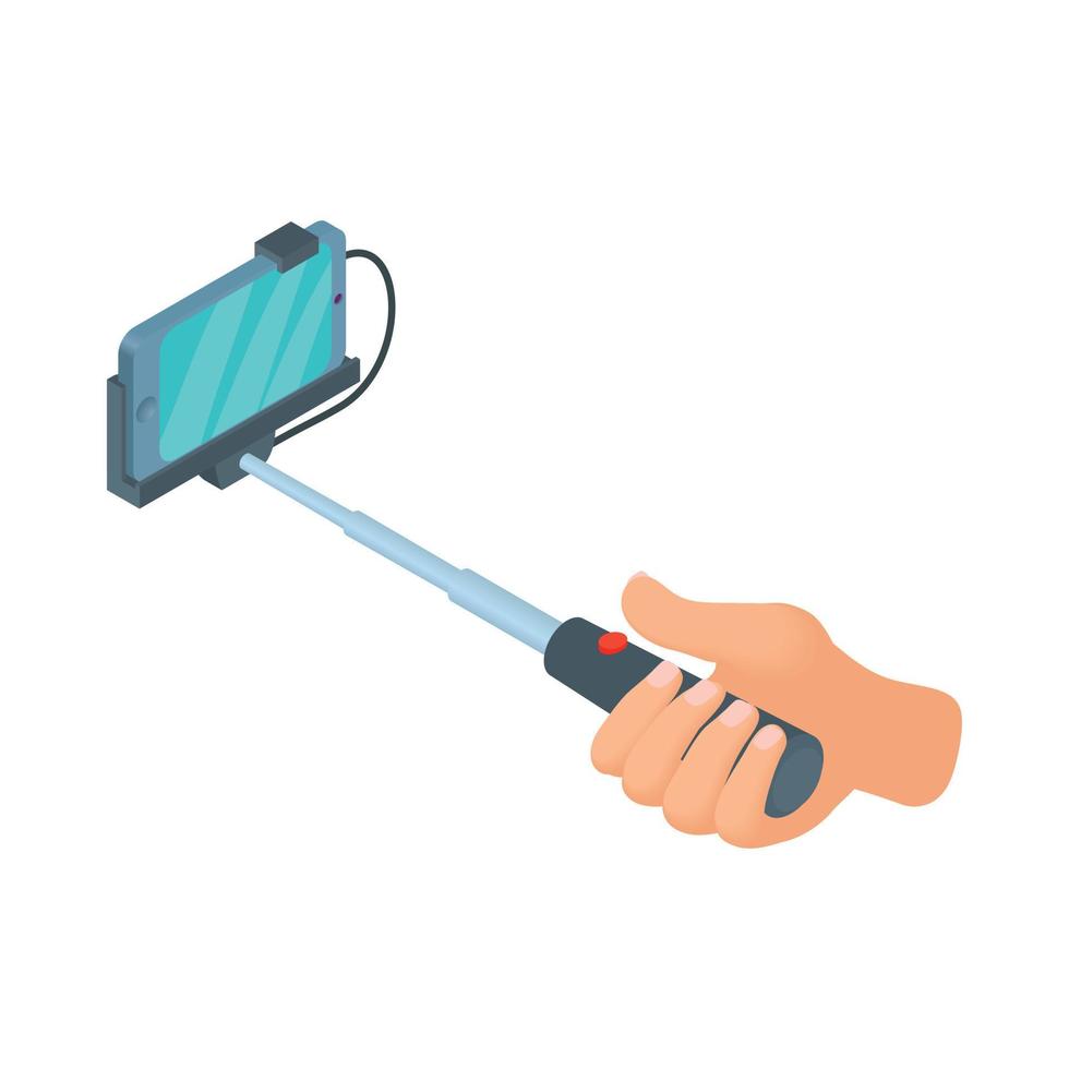 Hand holding selfie stick with phone icon vector