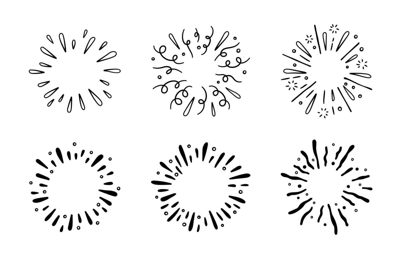 Hand drawn firework. Star burst. Sunburst doodle icon. Hand drawn explosion frame. Sparkles set with radial lines. Explosion vintage effects. Vector illustration isolated on white background.
