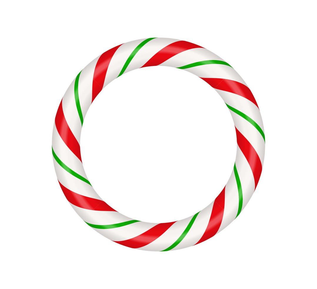 Christmas candy cane circle frame with red and green striped. Xmas border with striped candy lollipop pattern. Blank christmas and new year template. Vector illustration isolated on white background