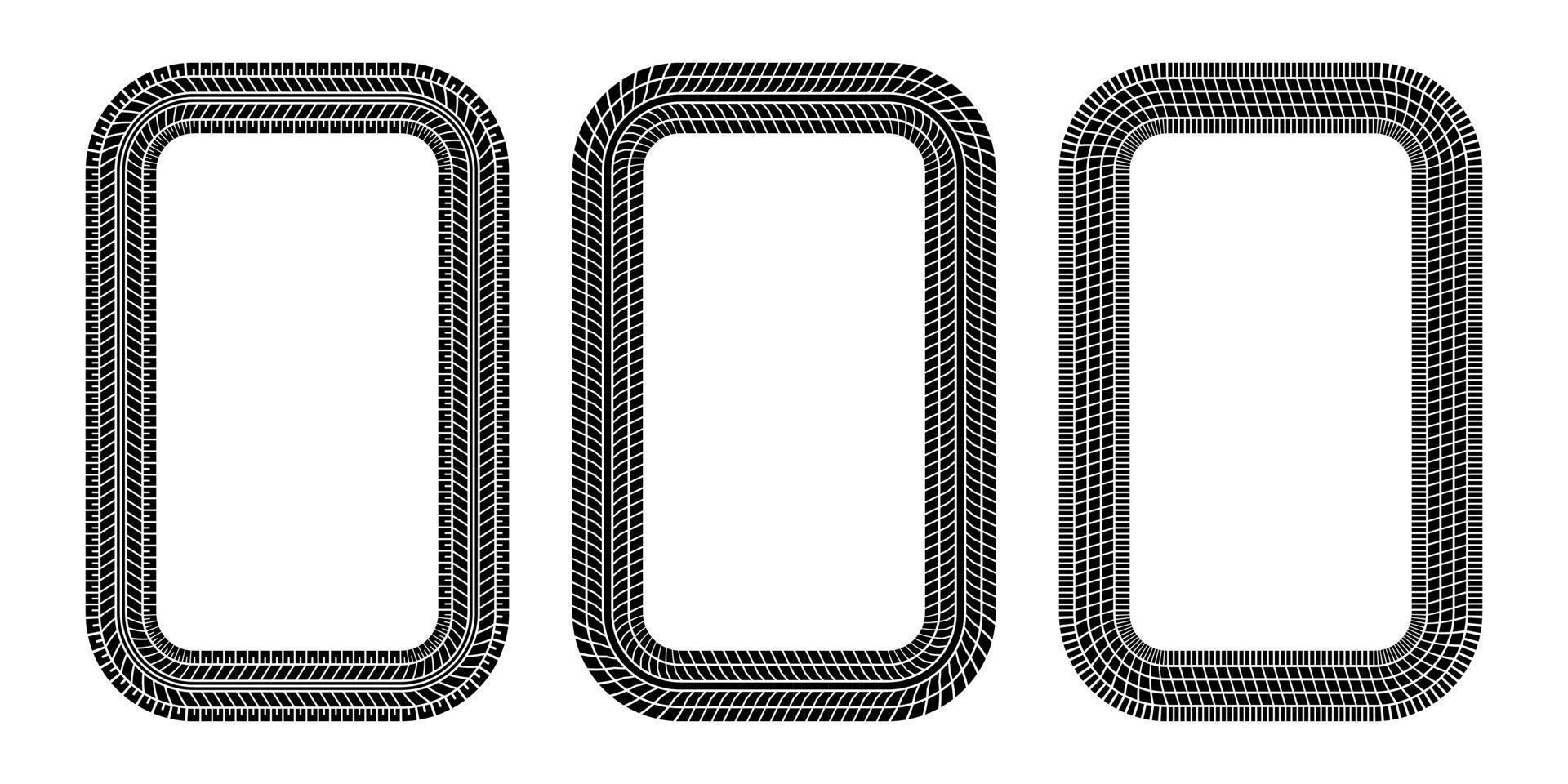 Auto tire tread rectangle frame. Car and motorcycle tire pattern, wheel tyre tread track print. Black tyre square border. Vector illustration isolated on white background