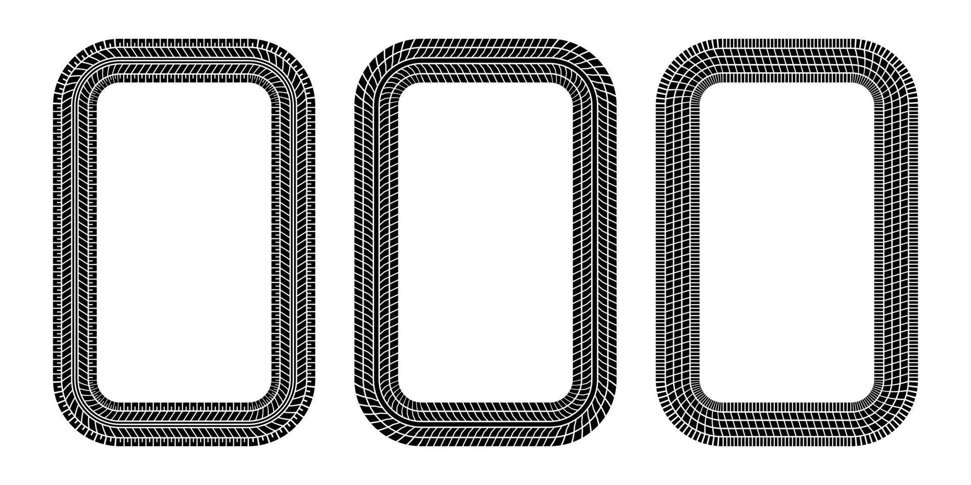 Auto tire tread rectangle frame. Car and motorcycle tire pattern, wheel tyre tread track print. Black tyre square border. Vector illustration isolated on white background