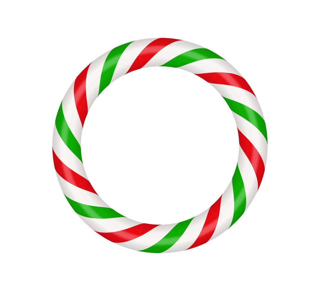 Christmas candy cane circle frame with red and green striped. Xmas border with striped candy lollipop pattern. Blank christmas and new year template. Vector illustration isolated on white background