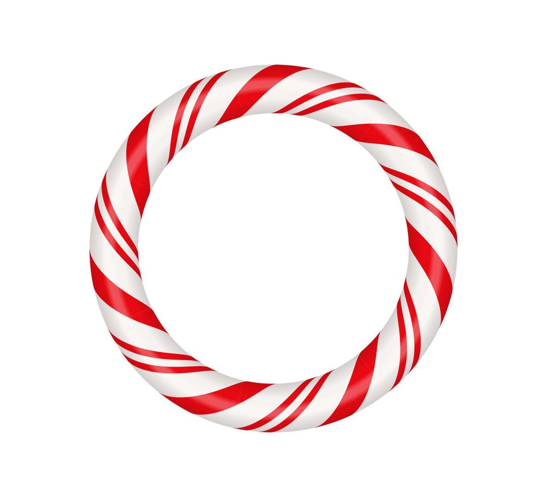 Christmas candy cane circle frame with red and white striped. Xmas border with striped candy lollipop pattern. Blank christmas and new year template. Vector illustration isolated on white background