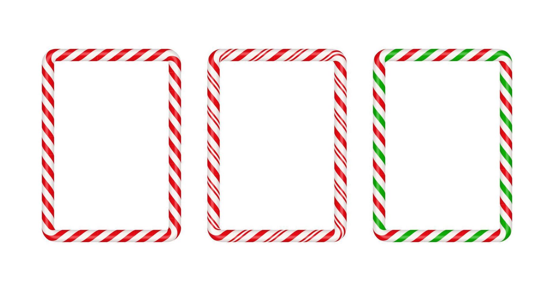 Christmas candy cane square frame with red,green and white striped. Xmas border with striped candy lollipop pattern. Christmas and new year template. Vector illustration isolated on white background