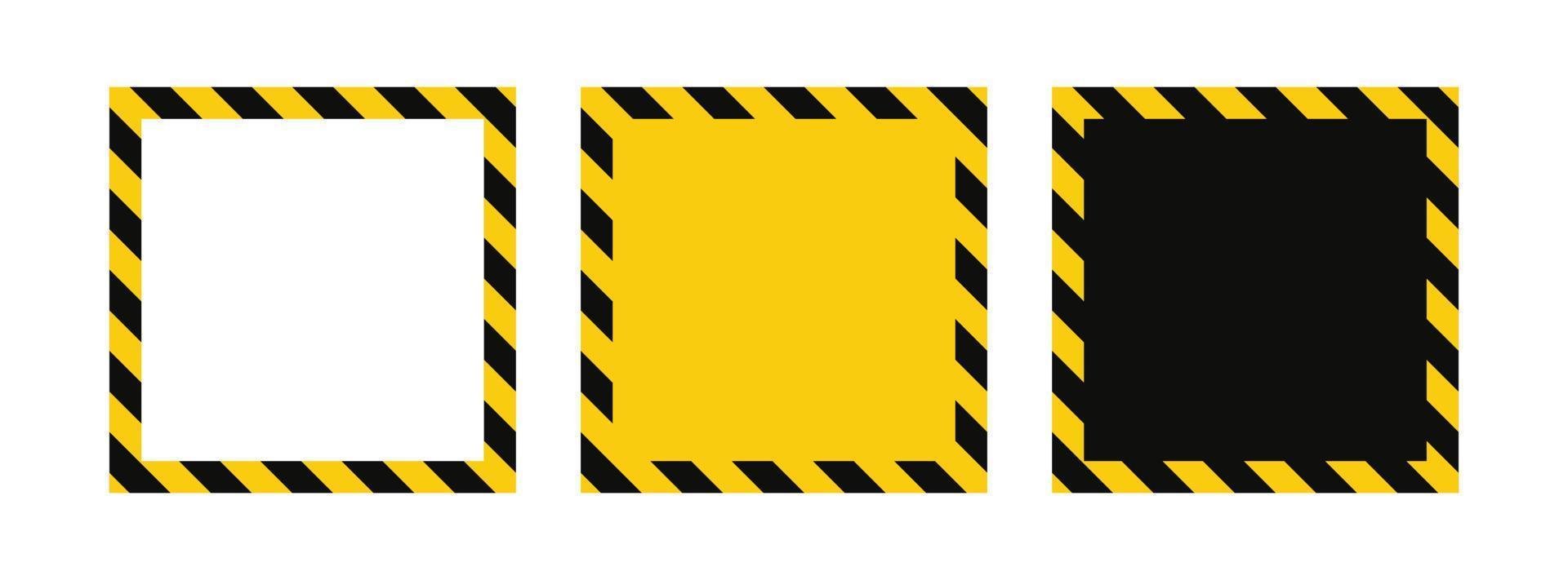 Warning square frame with yellow and black diagonal stripes. Rectangle warn frame. Yellow and black caution tape border. Vector illustration on white background