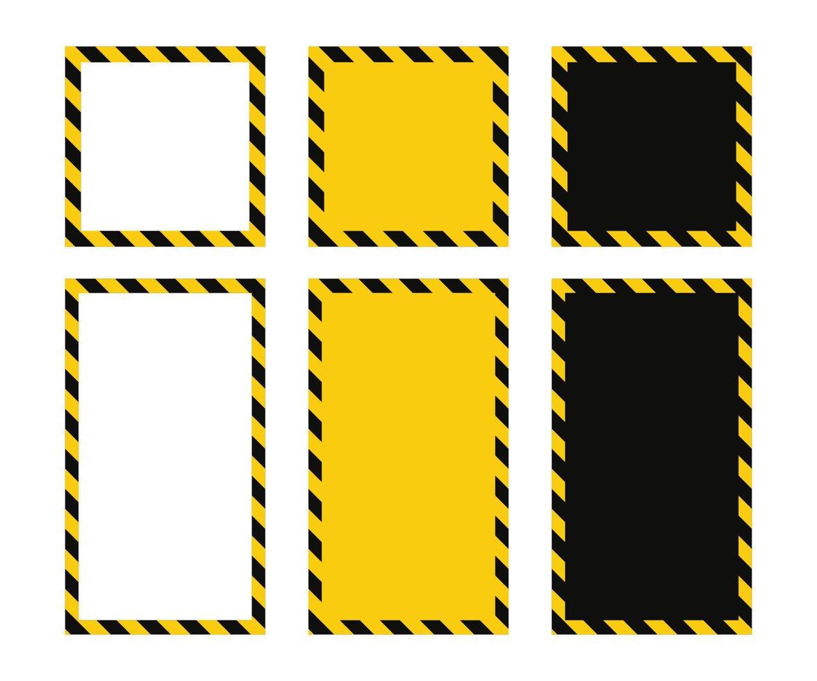 Warning square frame with yellow and black diagonal stripes. Rectangle warn frame. Yellow and black caution tape border. Vector illustration on white background