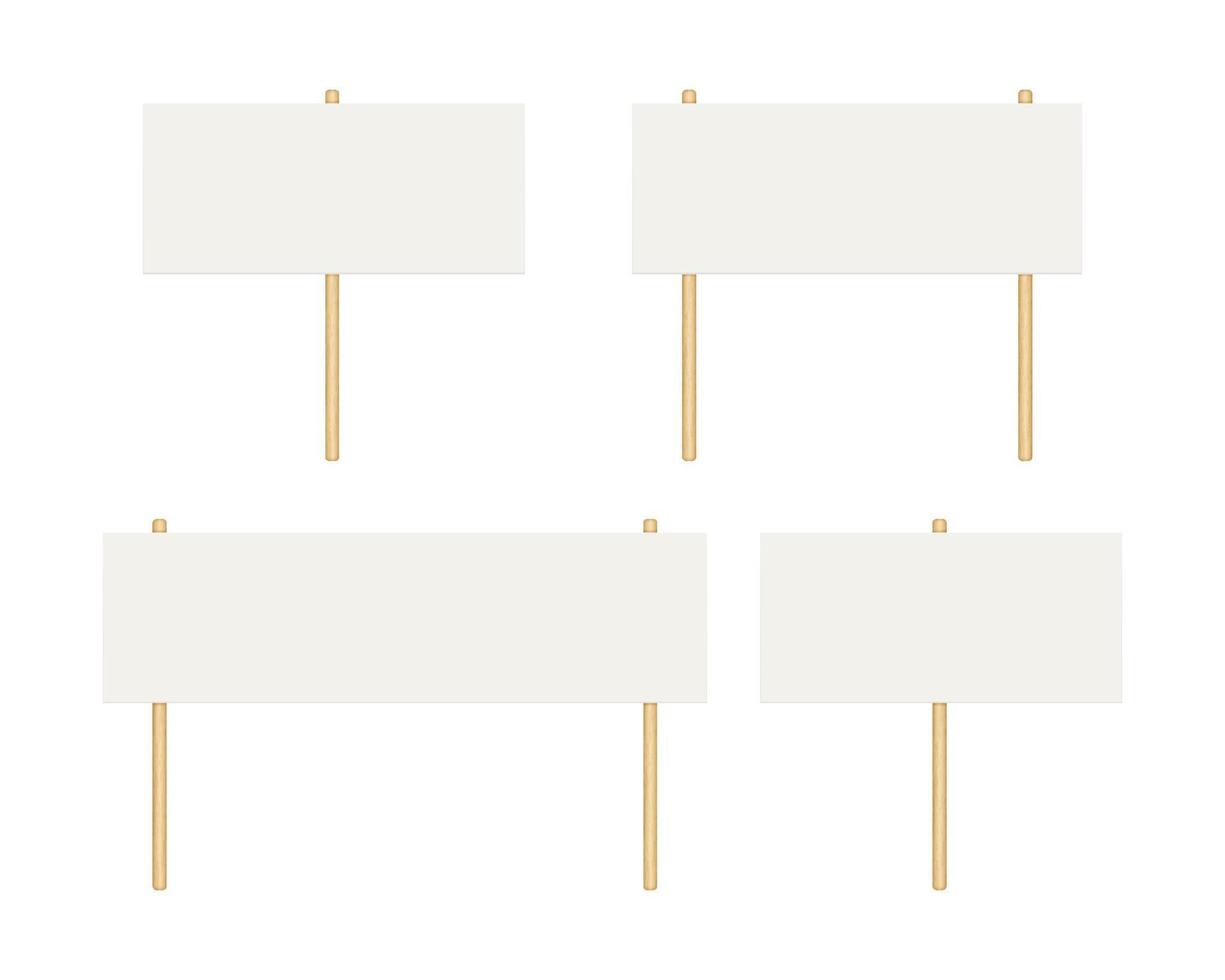 Picket banner frame. Blank demonstration banner mock up. Empty protest placard with wooden poles. Realistic politic strike board mockup. Vector illustration isolated on white background