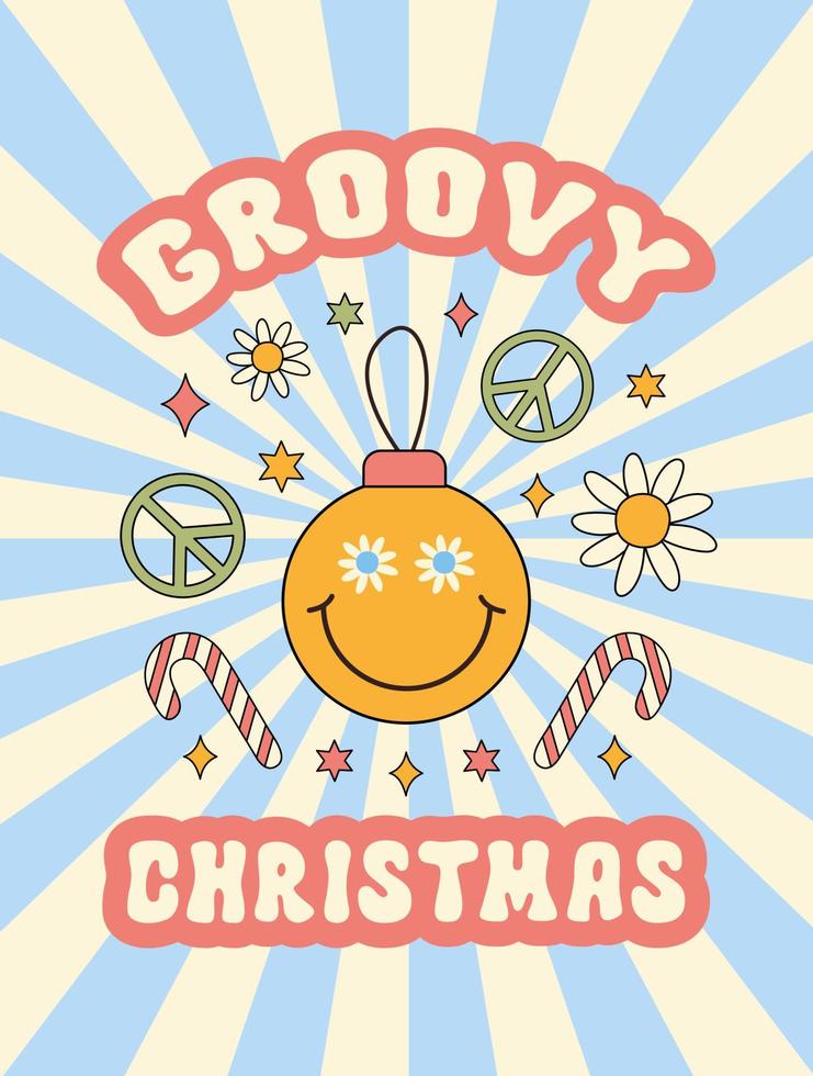 Groovy Christmas vector illustration with daisy flowers, sweets, peace symbol and smiling christmas ball. Retro groovy print in style 70s, 80s.
