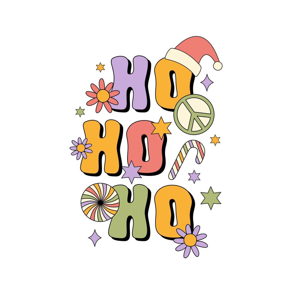 Hippie Christmas vector illustration isolated on a white background. Retro groovy print in style 70s, 80s.