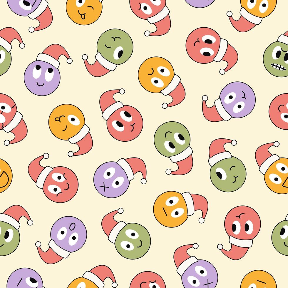 Christmas seamless pattern with round abstract comic faces with various emotions. Different colorful characters. Trendy retro background in style 60s, 70s. Pastel colors. Vector illustration.
