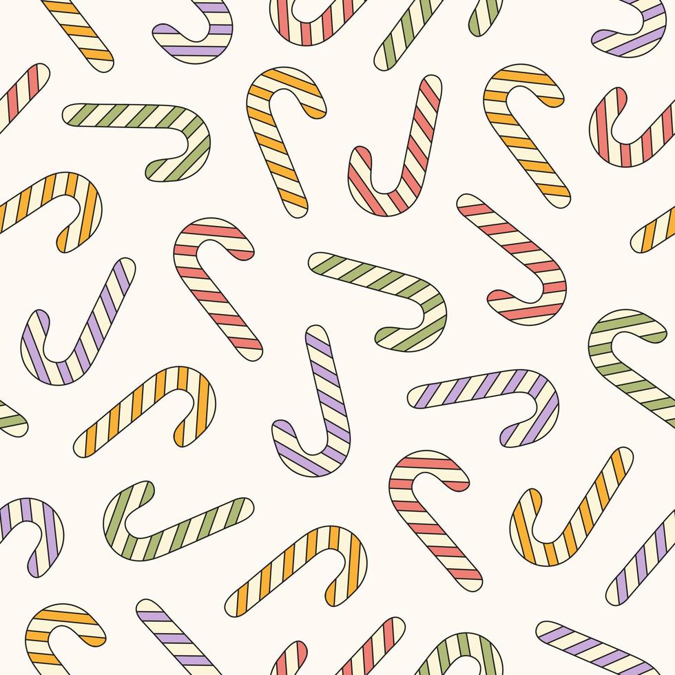 Retro groovy seamless pattern with christmas sweets on a white background. Pastel colors. Trendy vector illustration in style 60s, 70s