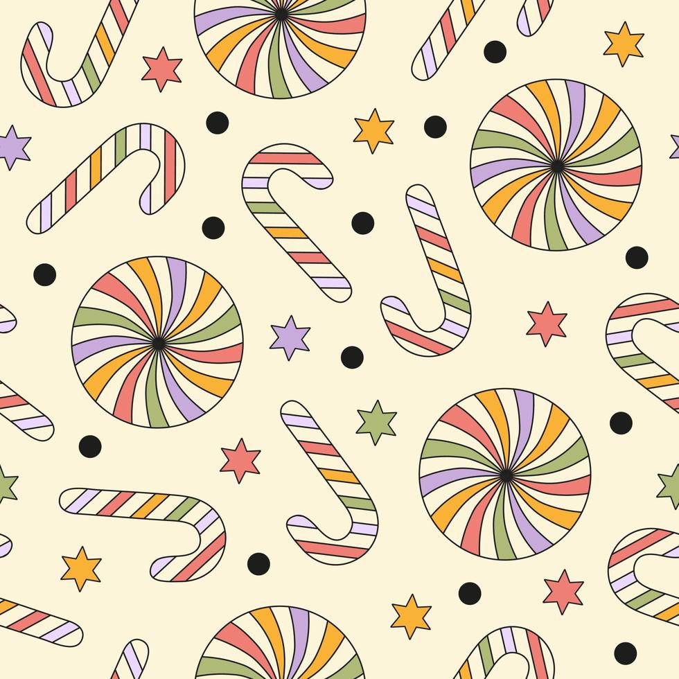 Retro groovy seamless pattern with christmas sweets on a beige background. Pastel colors. Trendy vector illustration in style 60s, 70s