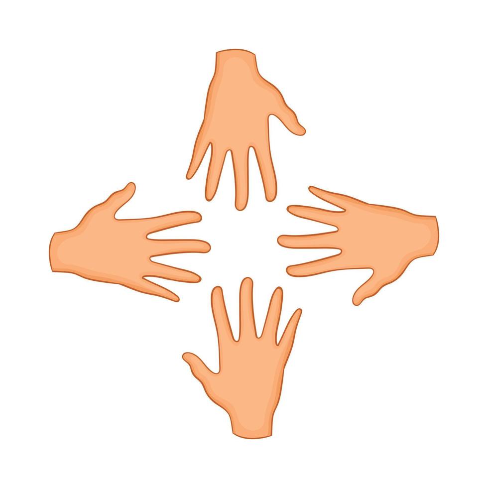 icono de manos de cuatro personas, estilo de dibujos animados vector