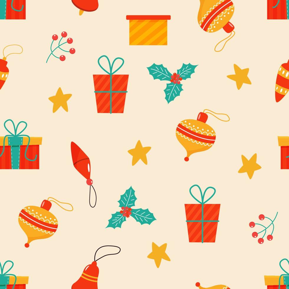 Seamless Christmas pattern with gifts, candles, holly, Christmas toys vector