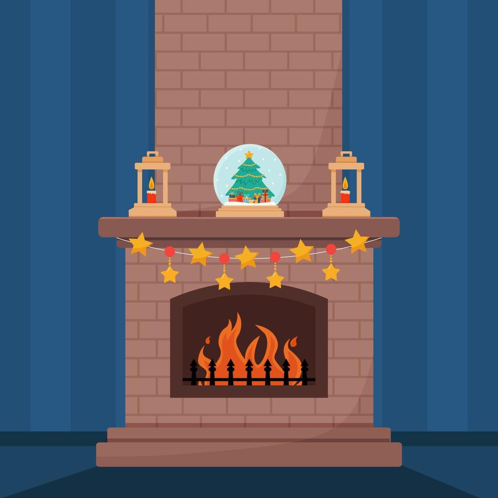 Classic Christmas fireplace with socks, Christmas lanterns, candles and glass snow globe. Celebrating New Year and Christmas. Vector illustration in cartoon style